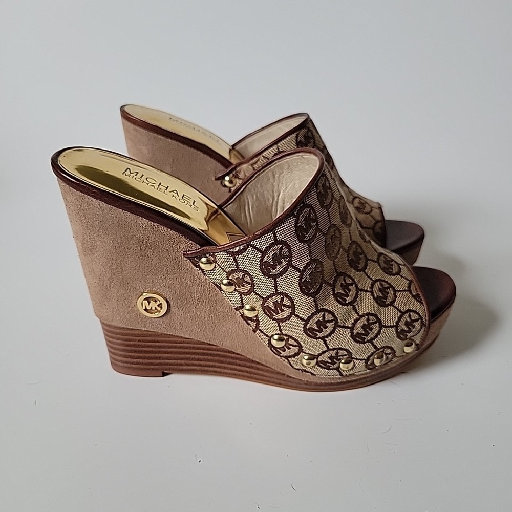 Michael Kors Belinda Open Toe Mules 9M Logo Canvas Suede Leather Platform Wedge - Picture 7 of 15